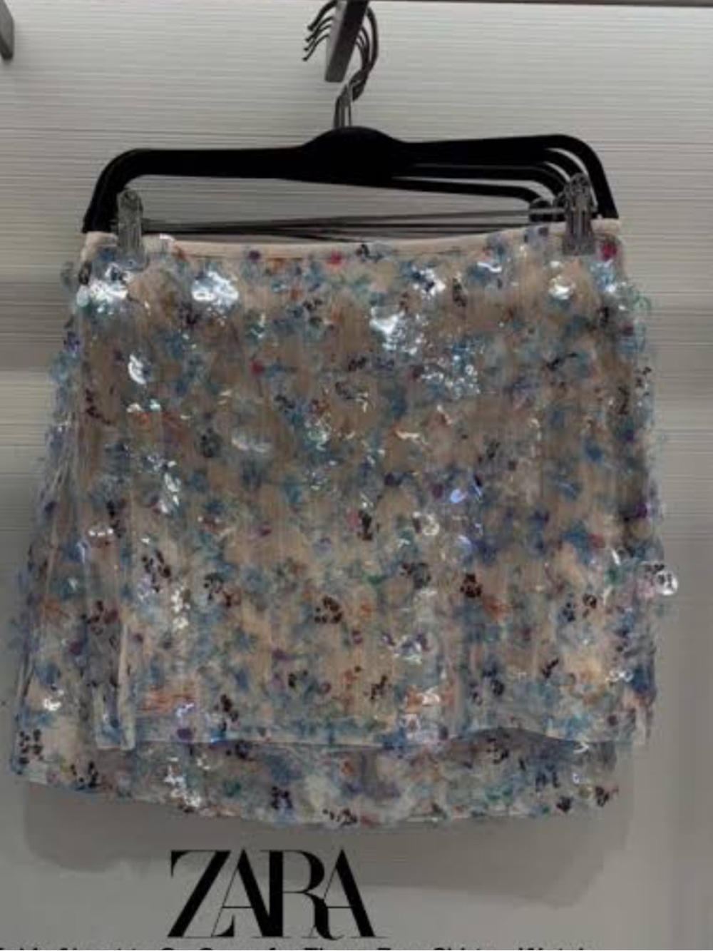 ZARA Women's Sequin Floral Mini Skirt - Cream/Blue